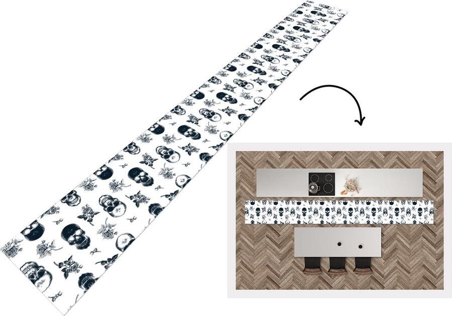 KitchenYeah Keukenloper Keukenmat Tiener Skull Rozen Patroon 400x50 cm Keuken vloerkleed