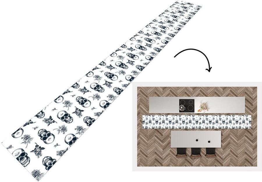 KitchenYeah Keukenloper Keukenmat Tieners Skull Bloemen Patronen 480x60 cm Keuken vloerkleed