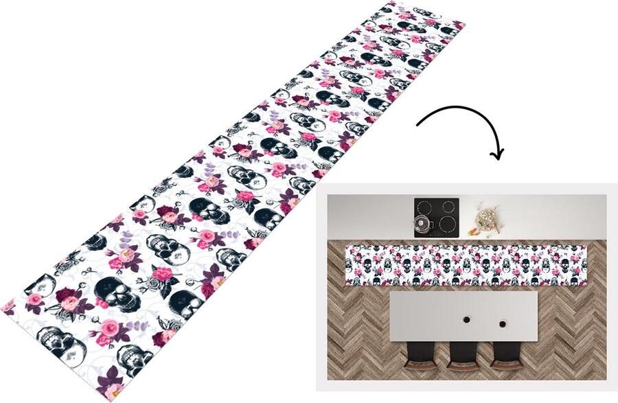 KitchenYeah Keukenloper Keukenmat Tieners Skull Roos Patronen 360x60 cm Keuken vloerkleed