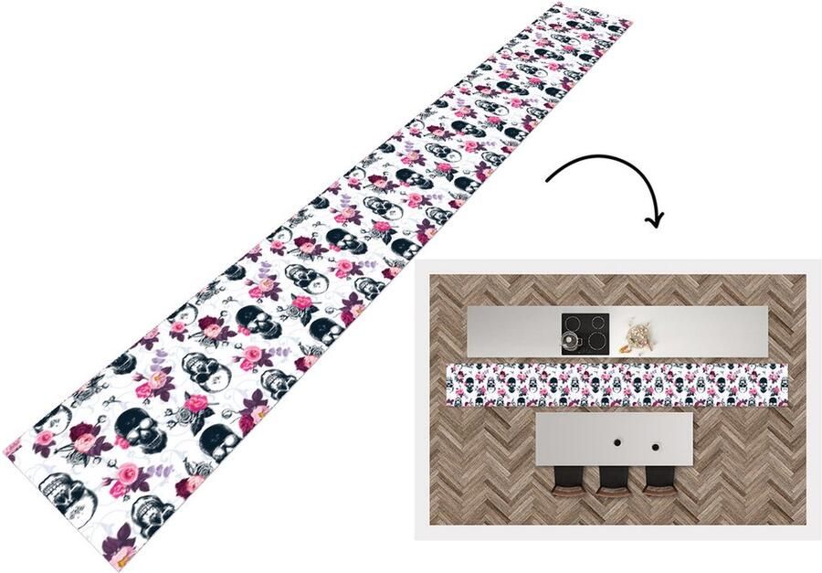 KitchenYeah Keukenloper Keukenmat Tieners Skull Roos Patronen 480x60 cm Keuken vloerkleed