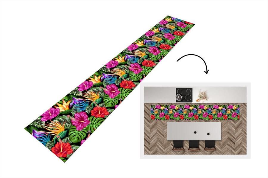 KitchenYeah Keukenloper Keukenmat Tropisch Patronen Bloemen Monstera 360x60 cm Keuken vloerkleed