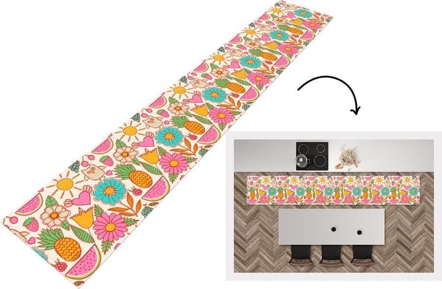KitchenYeah Keukenloper Loper keuken Uil Regenboog Bloemen Kinderen Patroon 300x50 cm Keukenloper vinyl