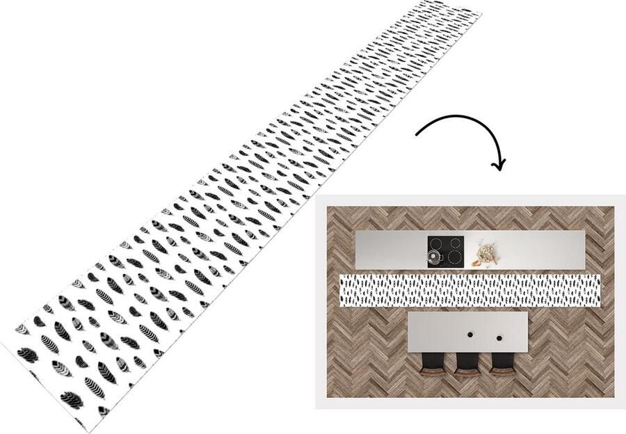 KitchenYeah Keukenloper Keukenmat Veren Zwart Wit Patroon Vogel 480x60 cm Keuken vloerkleed