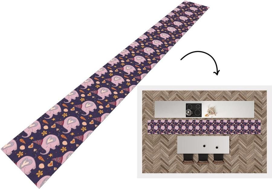 KitchenYeah Keukenloper Keukenmat Verjaardag Olifant Bloemen Patronen 400x50 cm Keuken vloerkleed