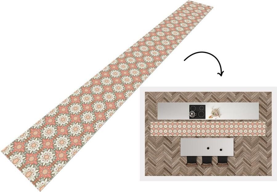 KitchenYeah Keukenloper 480x60 cm Keukenmat vinyl Vintage Bloemen Mandala Patronen Keukenmatten loper Keuken vloerkleed tapijt