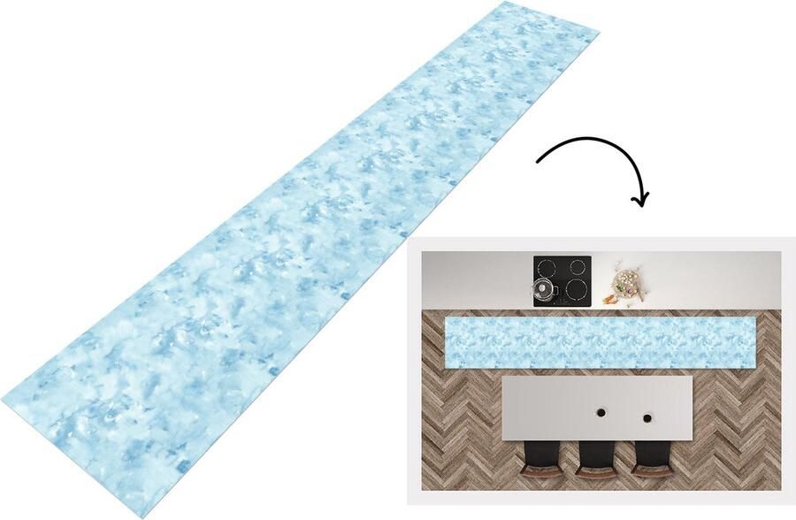 KitchenYeah Keukenloper Keukenmat Waterverf Blauw Patroon 360x60 cm Keuken vloerkleed