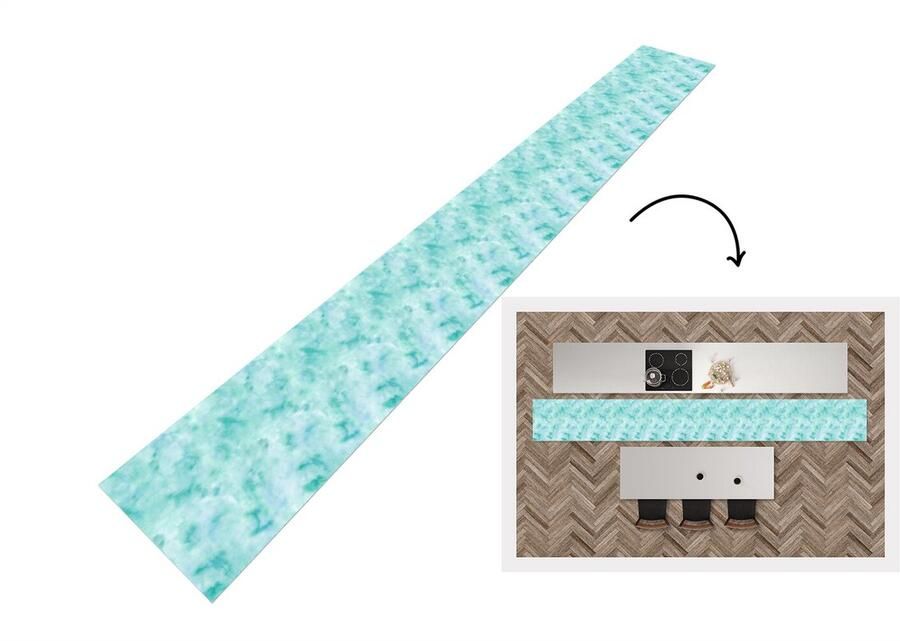 KitchenYeah Keukenloper Keukenmat Waterverf Patronen Turquoise Aqua 480x60 cm Keuken vloerkleed