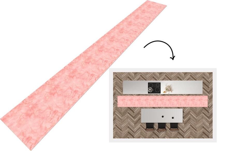 KitchenYeah Keukenloper Keukenmat Waterverf Patroon Roze Marmer 480x60 cm Keuken vloerkleed