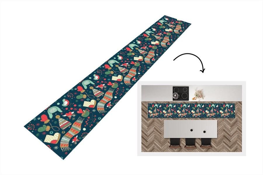 KitchenYeah Keukenloper Keukenmat Winter Design Thee Handschoenen Muts 360x60 cm Keuken vloerkleed