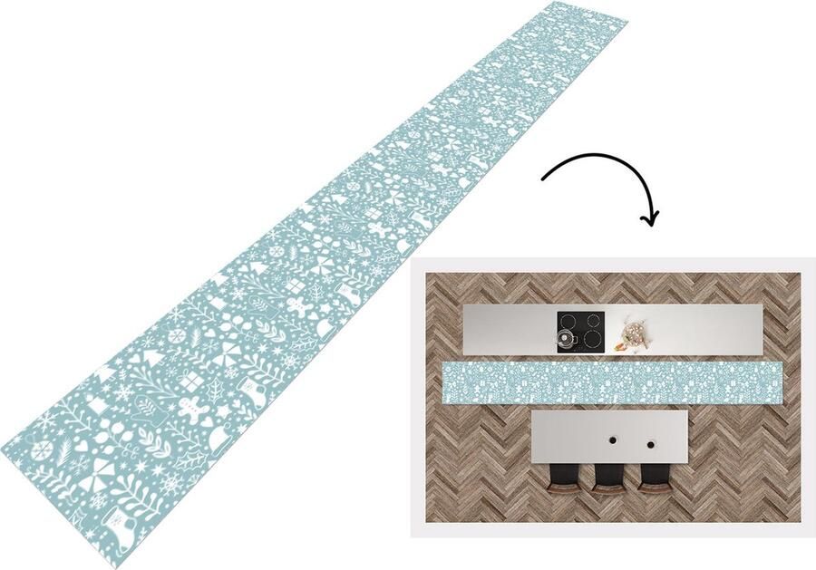 KitchenYeah Keukenloper Keukenmat Winter Sneeuw Patronen Wit 480x60 cm Keuken vloerkleed