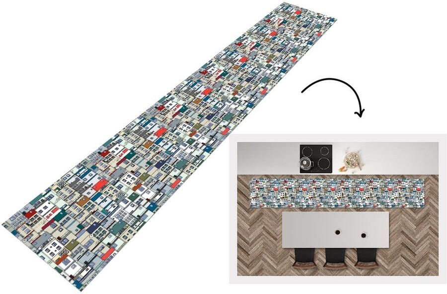 KitchenYeah Keukenloper Keukenmat Zentangle Huis Patronen 360x60 cm Keuken vloerkleed