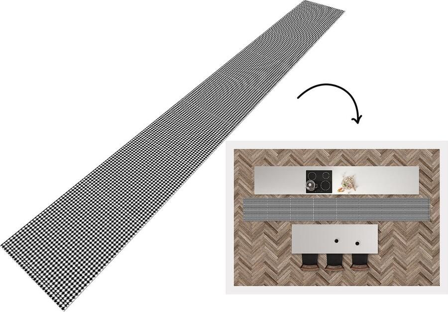 KitchenYeah Keukenloper Keukenmat Zwart Wit Design Geometrie Patroon 480x60 cm Keuken vloerkleed