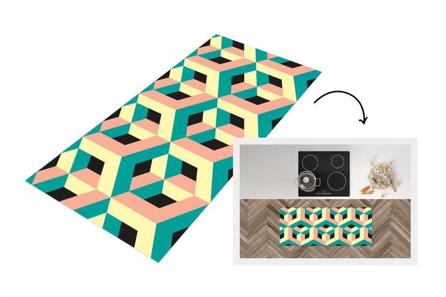KitchenYeah Keukenloper Loper keuken 3D Patronen Kubus 120x50 cm Keukenloper vinyl