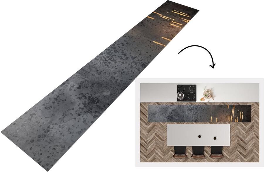 KitchenYeah Keukenloper Loper keuken Abstract Goud Design 360x60 cm Keukenloper vinyl