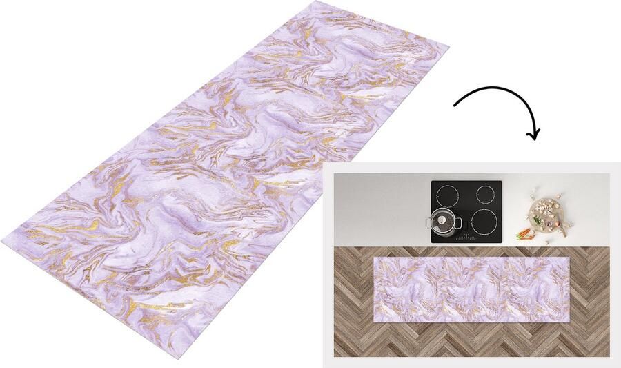 KitchenYeah Keukenloper Loper keuken Abstract Marmer Goud Paars Patroon 150x50 cm Keukenloper vinyl