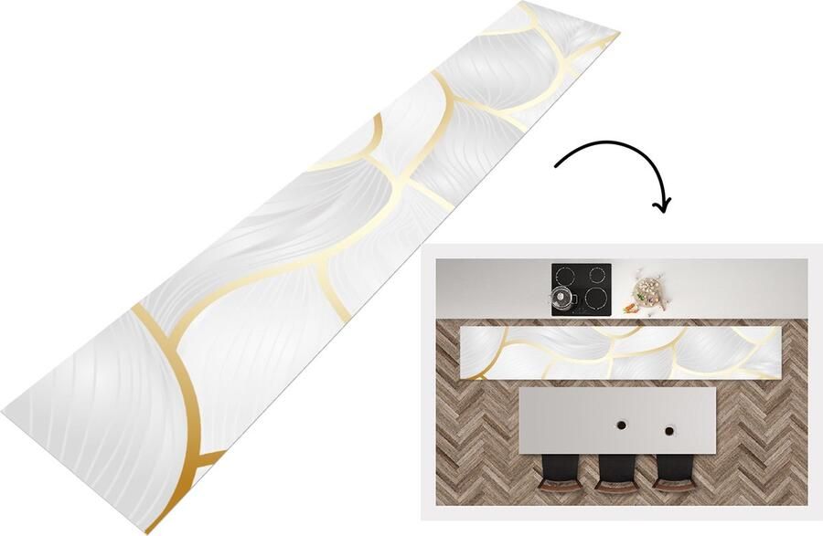KitchenYeah Keukenloper Loper keuken Abstract patroon met gouden lijnen 300x50 cm Keukenloper vinyl
