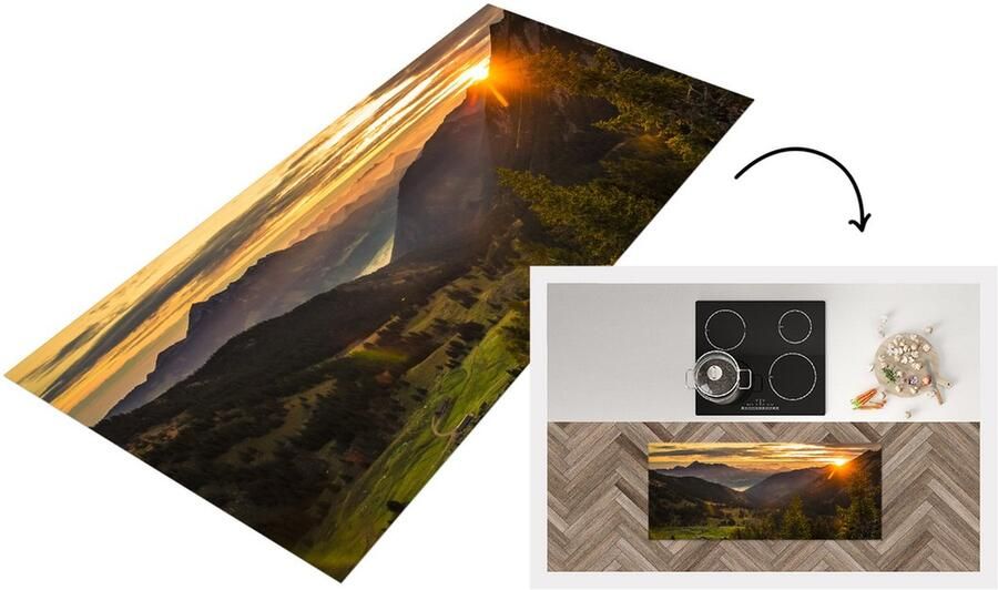 KitchenYeah Keukenloper Loper keuken Alpen Berg Zon 120x50 cm Keukenloper vinyl