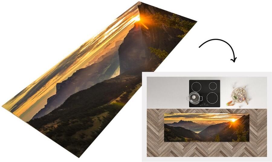 KitchenYeah Keukenloper Loper keuken Alpen Berg Zon 180x60 cm Keukenloper vinyl