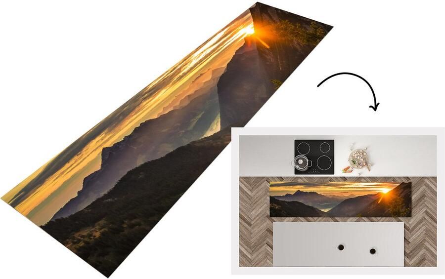 KitchenYeah Keukenloper Loper keuken Alpen Berg Zon 200x50 cm Keukenloper vinyl