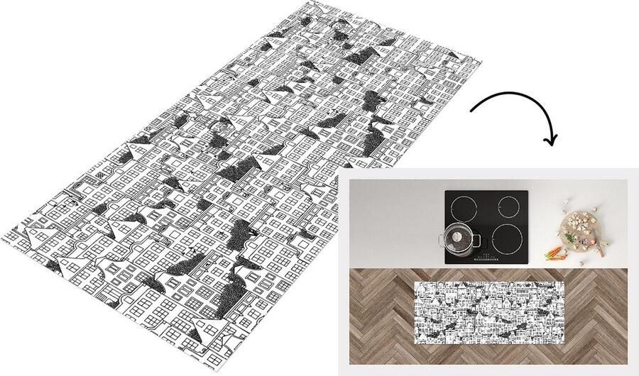 KitchenYeah Keukenloper Loper keuken Amsterdam Grachtenpand Zentangle 120x50 cm Keukenloper vinyl