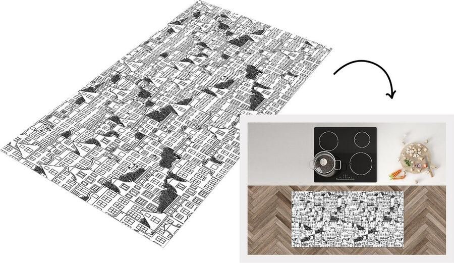 KitchenYeah Keukenloper Loper keuken Amsterdam Grachtenpand Zentangle 120x60 cm Keukenloper vinyl