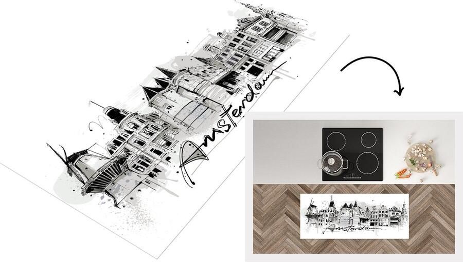 KitchenYeah Keukenloper Loper keuken Amsterdam Zwart Wit 120x50 cm Keukenloper vinyl