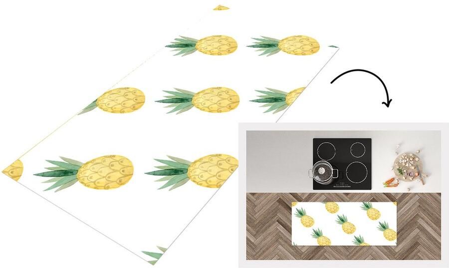 KitchenYeah Keukenloper Loper keuken Ananas Geel Wit Aquarelverf 120x50 cm Keukenloper vinyl