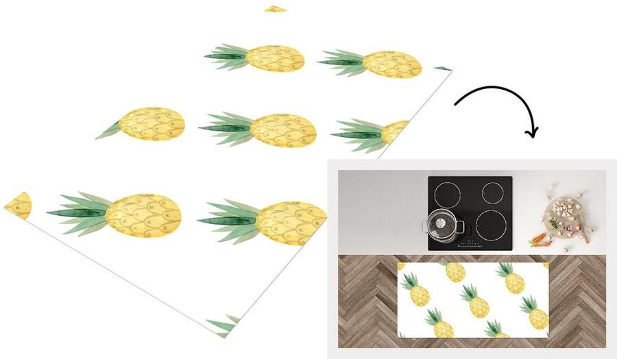 KitchenYeah Keukenloper Loper keuken Ananas Geel Wit Aquarelverf 120x60 cm Keukenloper vinyl