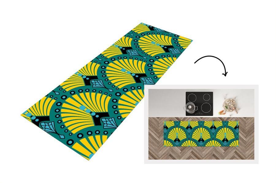 KitchenYeah Keukenloper Loper keuken Art Deco Patroon Blauw Geel 180x60 cm Keukenloper vinyl