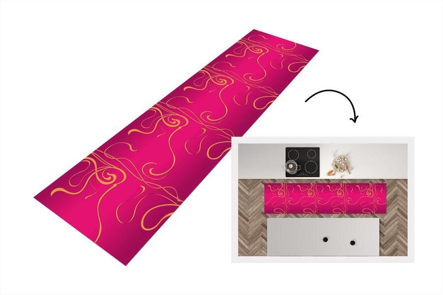 KitchenYeah Keukenloper Loper keuken Art nouveau Goud Roze Patronen 200x50 cm Keukenloper vinyl