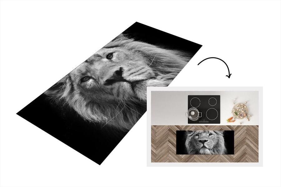KitchenYeah Keukenloper Loper keuken Aziatische leeuw tegen zwarte achtergrond in zwart-wit 120x50 cm Keukenloper vinyl