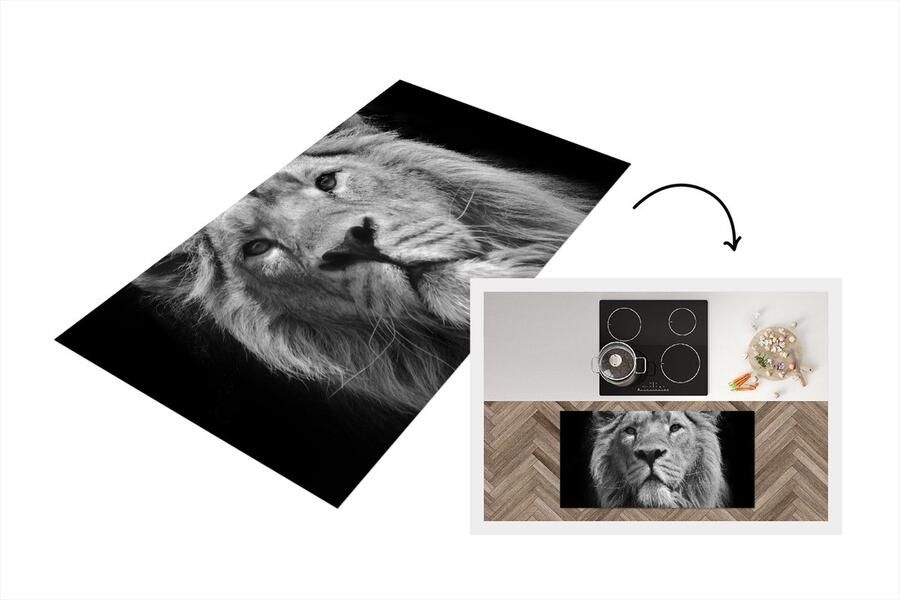 KitchenYeah Keukenloper Loper keuken Aziatische leeuw tegen zwarte achtergrond in zwart-wit 120x60 cm Keukenloper vinyl