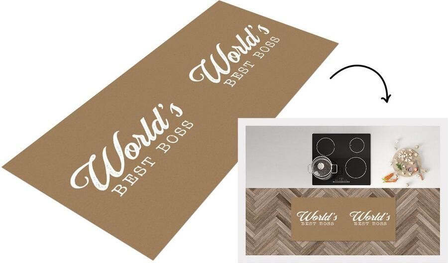 KitchenYeah Keukenloper Loper keuken Baas Bruin Wit Quotes 120x50 cm Keukenloper vinyl