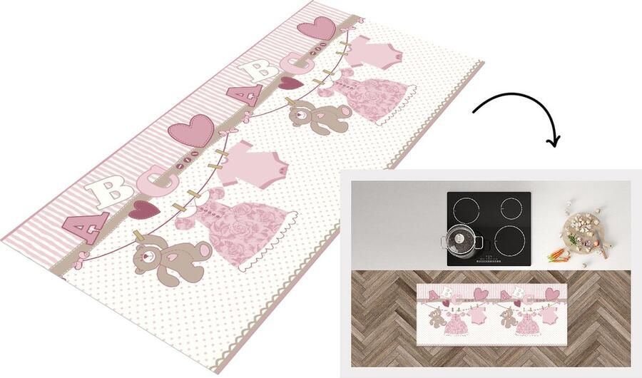 KitchenYeah Keukenloper Loper keuken Baby kleren Meisje Knuffelbeer Waslijn Design 120x50 cm Keukenloper vinyl