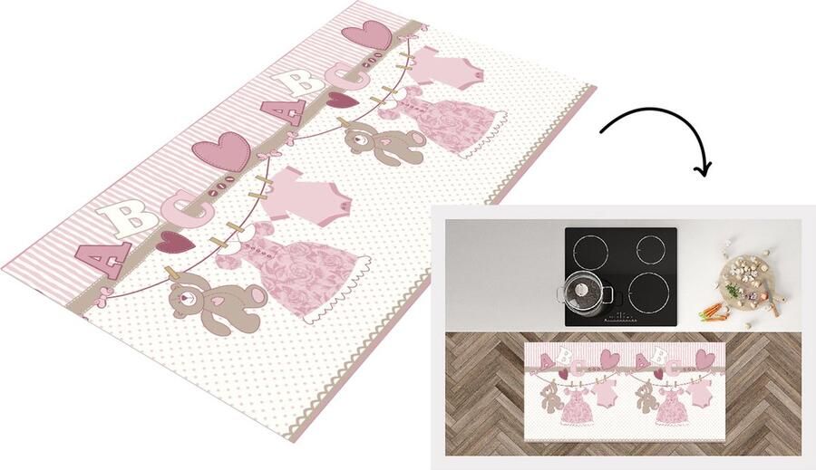 KitchenYeah Keukenloper Loper keuken Baby kleren Meisje Knuffelbeer Waslijn Design 120x60 cm Keukenloper vinyl