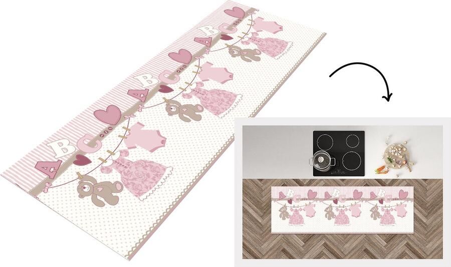 KitchenYeah Keukenloper Loper keuken Baby kleren Meisje Knuffelbeer Waslijn Design 150x50 cm Keukenloper vinyl