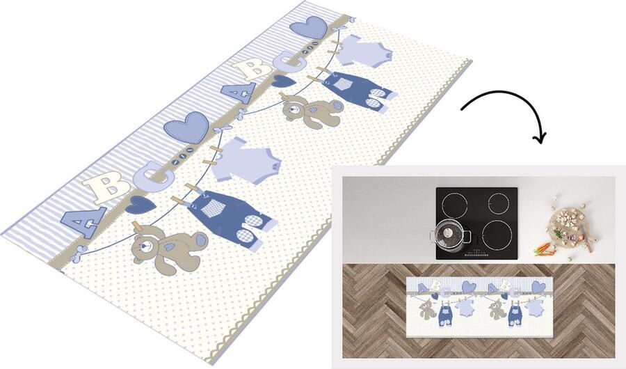 KitchenYeah Keukenloper Loper keuken Baby kleren Waslijn Teddybeer Patroon 120x50 cm Keukenloper vinyl