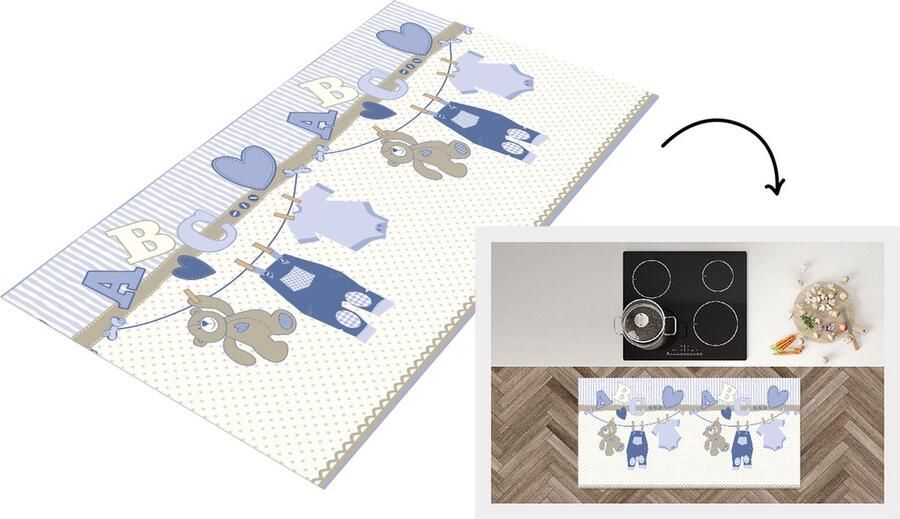KitchenYeah Keukenloper Loper keuken Baby kleren Waslijn Teddybeer Patroon 120x60 cm Keukenloper vinyl