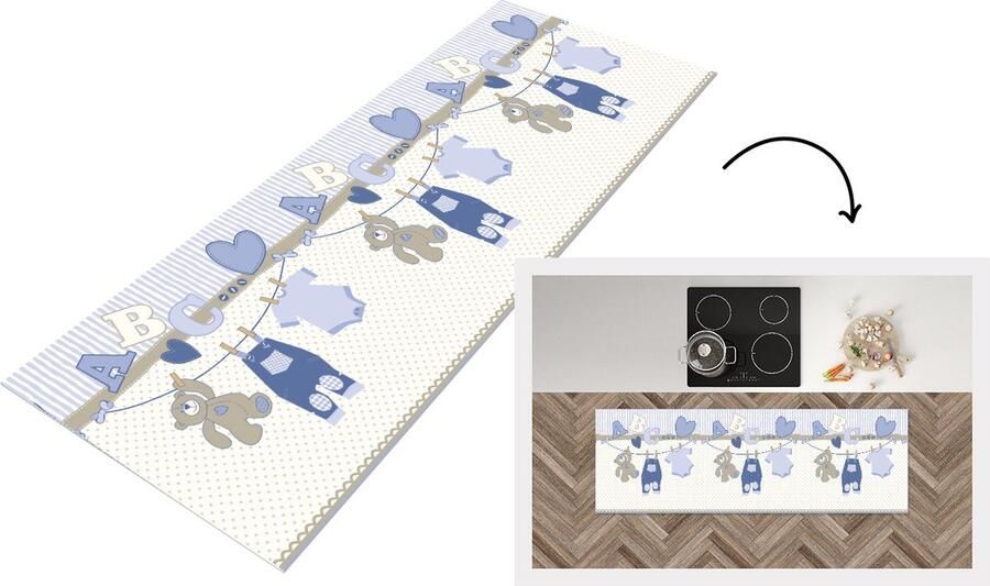 KitchenYeah Keukenloper Loper keuken Baby kleren Waslijn Teddybeer Patroon 150x50 cm Keukenloper vinyl