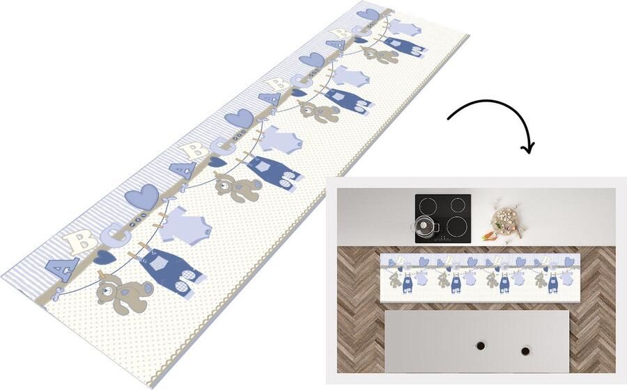 KitchenYeah Keukenloper Loper keuken Baby kleren Waslijn Teddybeer Patroon 240x60 cm Keukenloper vinyl
