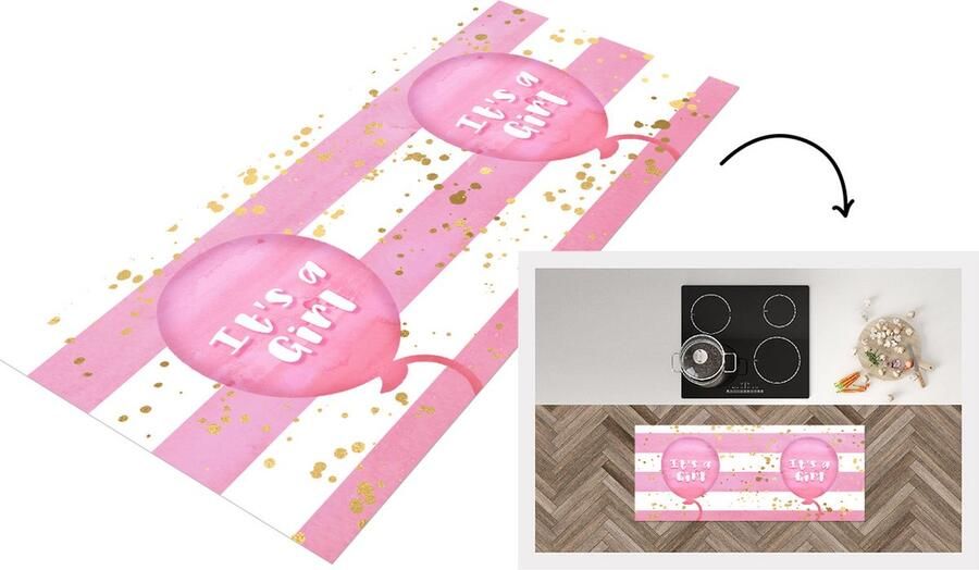 KitchenYeah Keukenloper Loper keuken Ballon Gender reveal Goud Roze It's a Girl Meisje Tekst SPreuke 120x50 cm Keukenloper vinyl