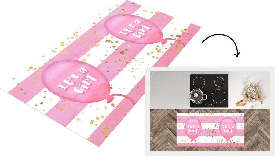 KitchenYeah Keukenloper Loper keuken Ballon Gender reveal Goud Roze It's a Girl Meisje Tekst SPreuke 120x60 cm Keukenloper vinyl