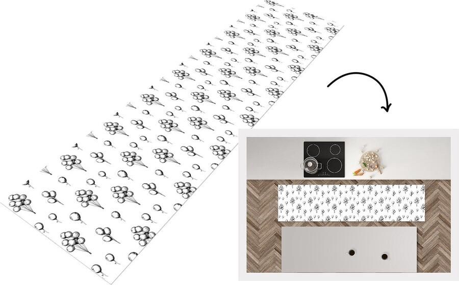 KitchenYeah Keukenloper Loper keuken Ballon Patronen Zwart Wit 200x50 cm Keukenloper vinyl