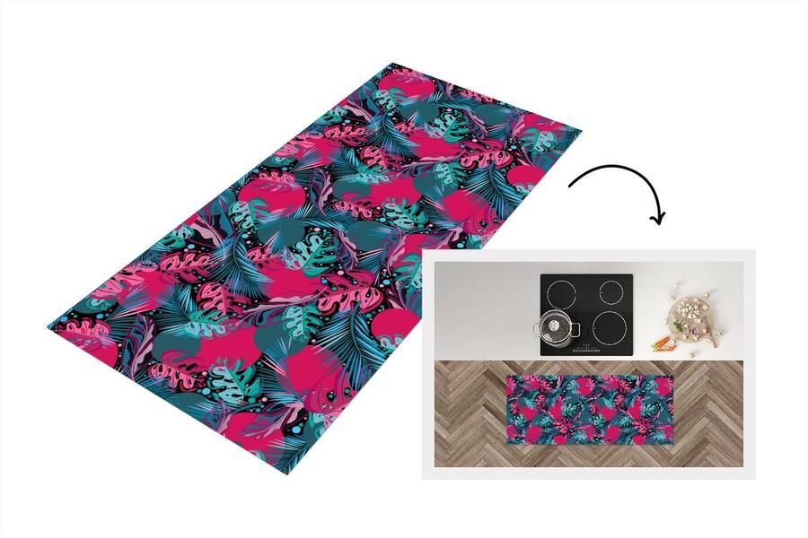 KitchenYeah Keukenloper Loper keuken Bladeren Hawaii Design Roze Blauw 120x50 cm Keukenloper vinyl