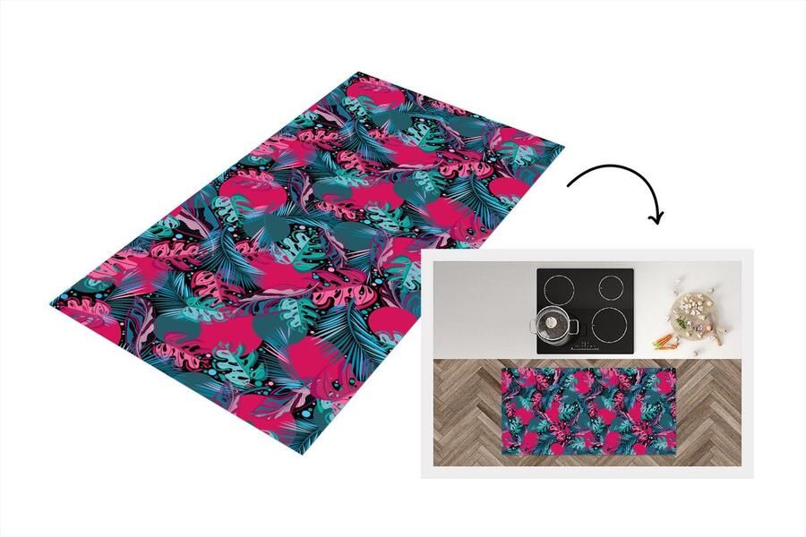 KitchenYeah Keukenloper Loper keuken Bladeren Hawaii Design Roze Blauw 120x60 cm Keukenloper vinyl