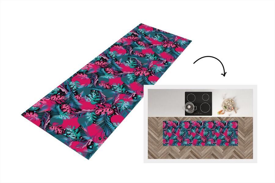 KitchenYeah Keukenloper Loper keuken Bladeren Hawaii Design Roze Blauw 180x60 cm Keukenloper vinyl