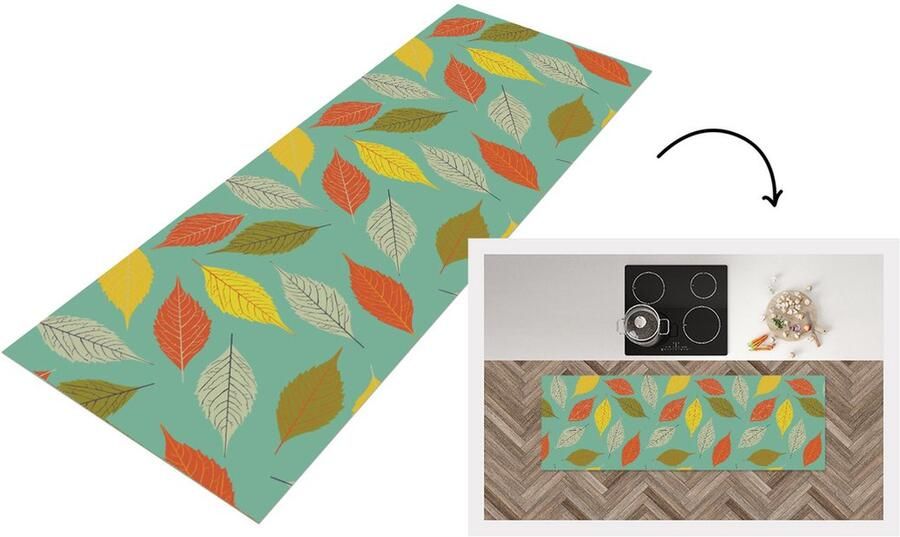 KitchenYeah Keukenloper Loper keuken Bladeren Herfst Vintage Pastel Patroon 150x50 cm Keukenloper vinyl