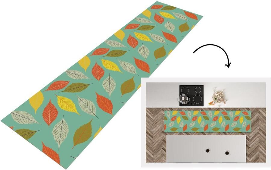 KitchenYeah Keukenloper Loper keuken Bladeren Herfst Vintage Pastel Patroon 240x60 cm Keukenloper vinyl