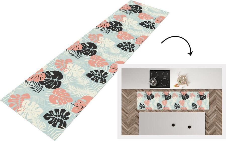 KitchenYeah Keukenloper Loper keuken Bladeren Monstera Pastel Hawaii Patronen 240x60 cm Keukenloper vinyl