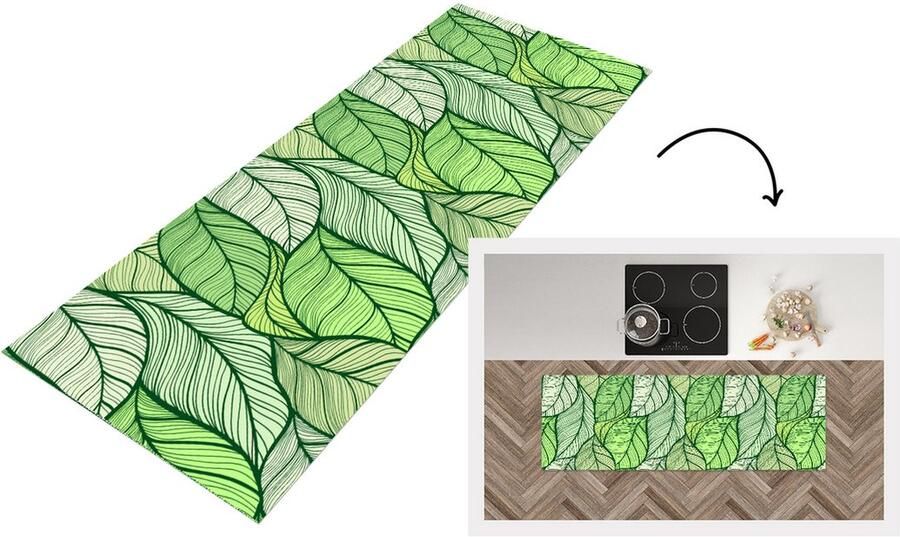 KitchenYeah Keukenloper Loper keuken Bladeren Schets Vintage Patronen 150x50 cm Keukenloper vinyl